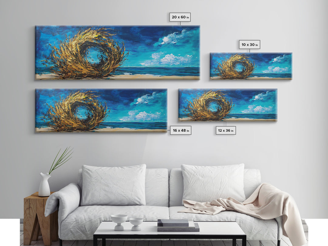 Ocean Swirl, Golden Waves, Abstract Beach Art, Framed Canvas Print, Modern Coastal Decor, Statement Wall Art, Ocean Vortex, Vibrant Blue