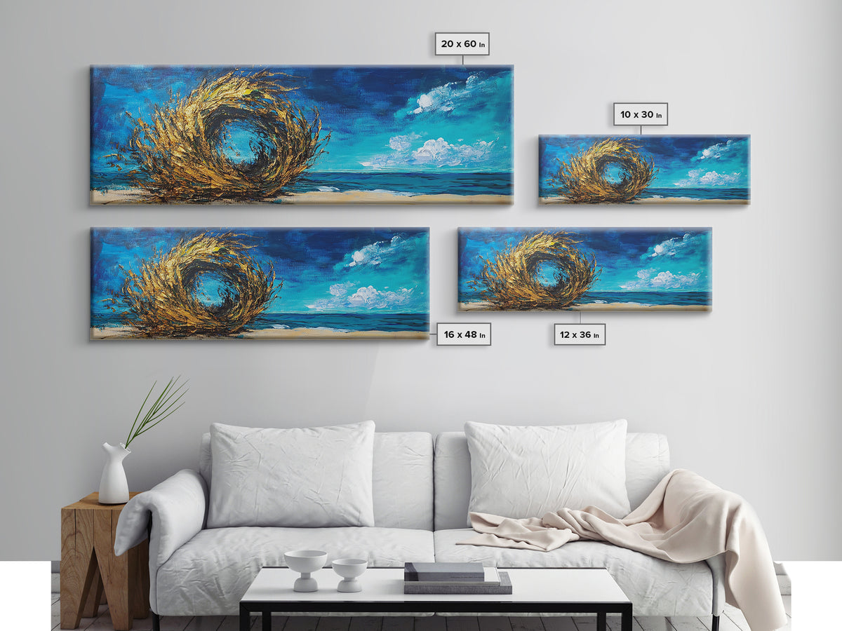 Ocean Swirl, Golden Waves, Abstract Beach Art, Framed Canvas Print, Modern Coastal Decor, Statement Wall Art, Ocean Vortex, Vibrant Blue