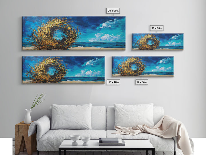 Ocean Swirl, Golden Waves, Abstract Beach Art, Framed Canvas Print, Modern Coastal Decor, Statement Wall Art, Ocean Vortex, Vibrant Blue