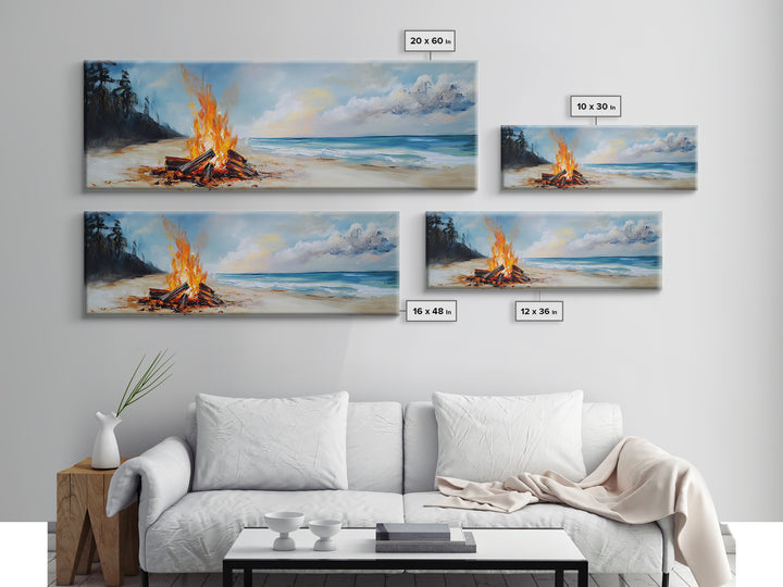 Beach Bonfire Glow Framed Canvas Print Coastal Sunset Wall Art Ocean Retreat Decor Vibrant Campfire Painting Summer Gift