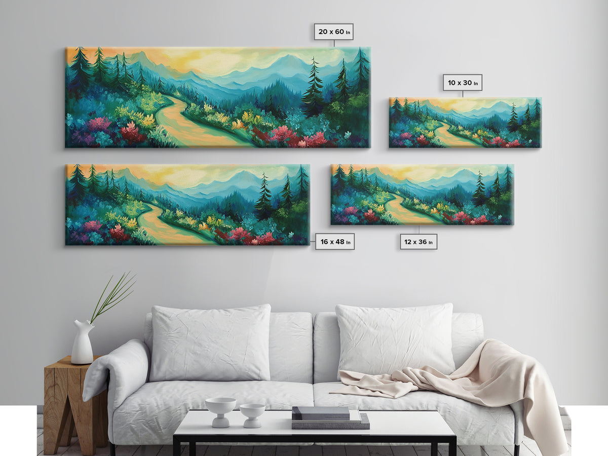 Forest Trail, Scenic Landscape Art, Green Nature Painting, Serene Hiking Scene, Cabin Wall Decor, Home Print, Framed Canvas Print