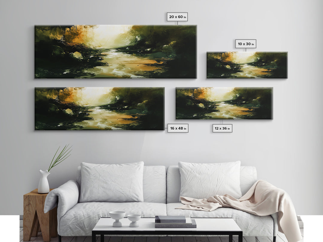 Dark Fantasy River Painting, Moody Abstract Landscape, Green and Gold Mystical Wall Art, Mysterious Hallway Decor, Framed Canvas Print