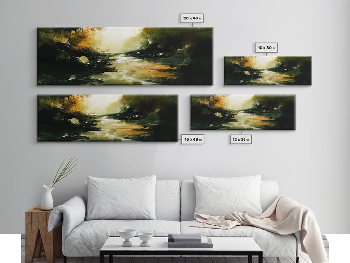 Dark Fantasy River Painting, Moody Abstract Landscape, Green and Gold Mystical Wall Art, Mysterious Hallway Decor, Framed Canvas Print