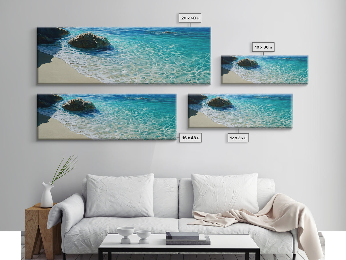 Ocean Shoreline Framed Canvas Print Coastal Beach Wall Art, Large Seascape Painting, Blue Sea Waves, Nautical Art, Bedroom Decor