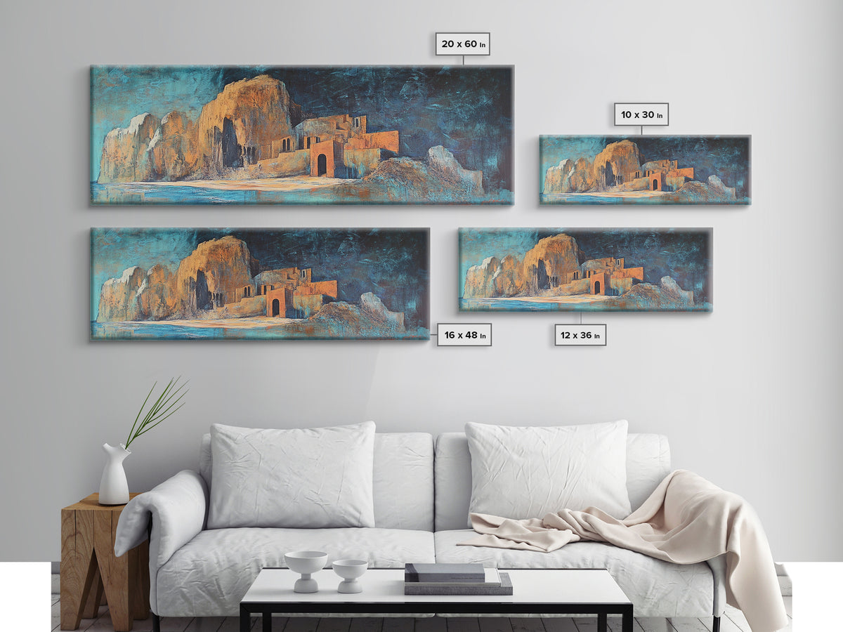 Ancient Ruins Canvas Print Rustic Landscape Wall Art, Mediterranean Decor, Boho Earthy Art, Dark Blue and Orange, Living Room Artwork