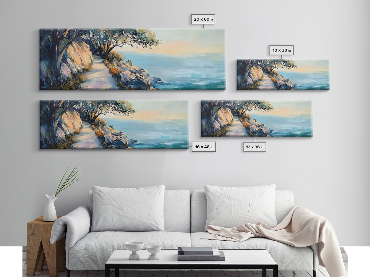 Coastal Cliff Walk Framed Canvas Print Serene Beach Pathway Painting, Sunset Seaside Art, Nature Landscape, Relaxing Home Wall Decor