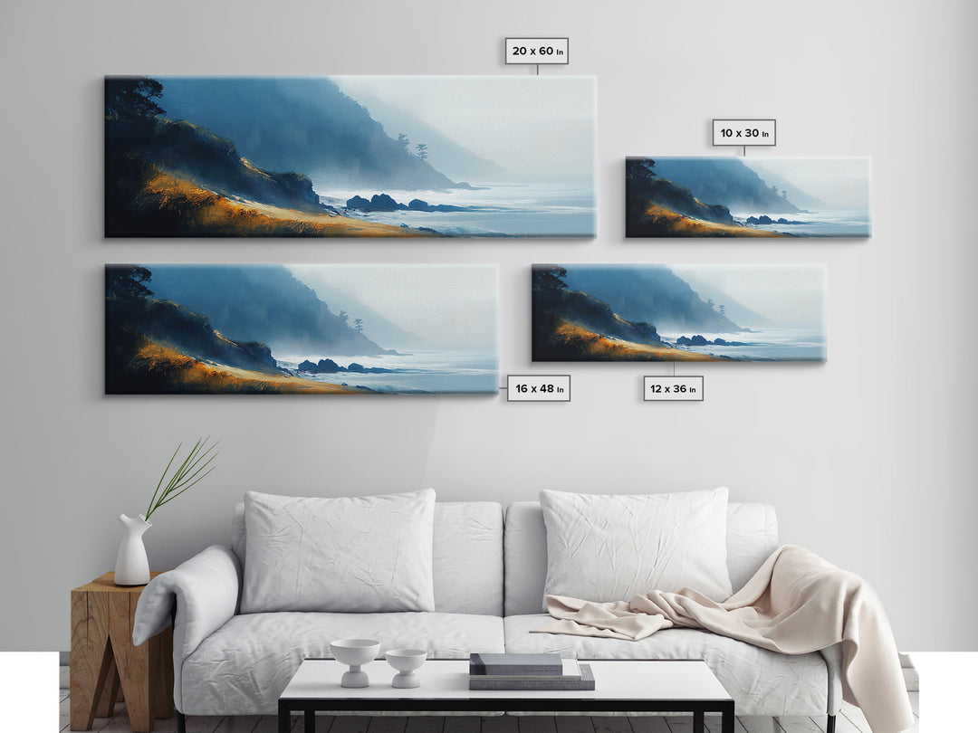 Dramatic Coastline Canvas Print Moody Seaside Painting, Stormy Ocean Landscape, Dark Blue Beach Wall Art, Living Room Decor