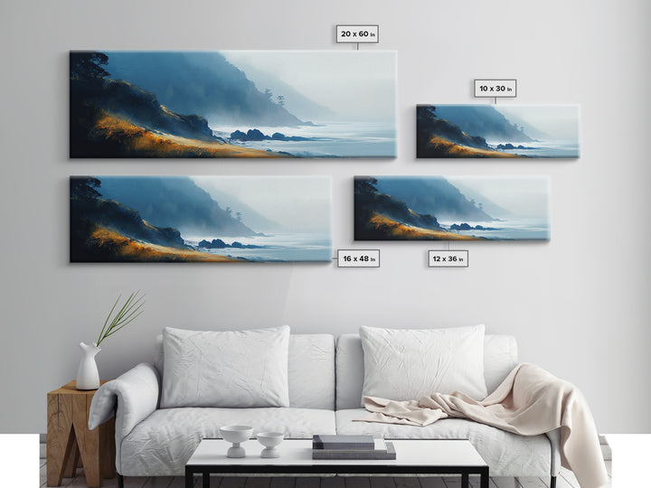 Dramatic Coastline Canvas Print Moody Seaside Painting, Stormy Ocean Landscape, Dark Blue Beach Wall Art, Living Room Decor