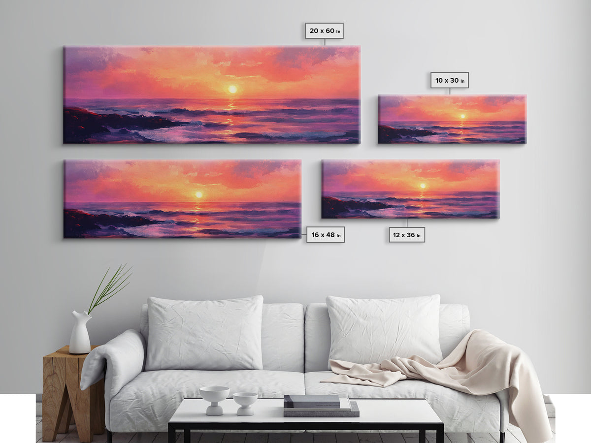 Ocean Sunset Framed Canvas Print, Pink Sky Seascape, Coastal Landscape Wall Art, Beach House Decor, Relaxing Home Aesthetic