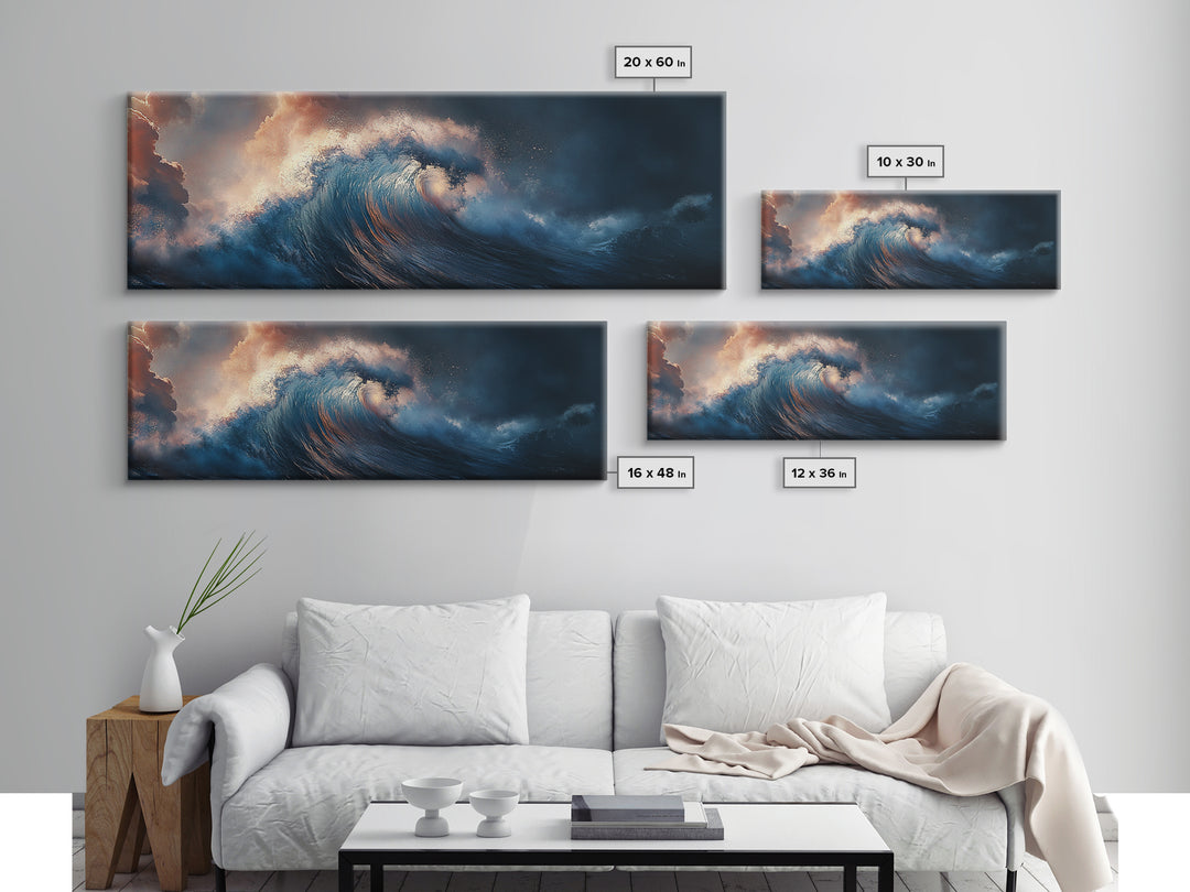 Dramatic Ocean Wave Framed Canvas Print Moody Seascape Wall Art, Deep Blue Stormy Sea Decor, Statement Living Room or Office Art