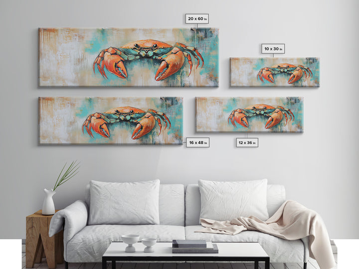 Rustic Crab Art Framed Canvas Print Coastal Nautical Wall Decor, Beach House Kitchen Art, Textured Ocean Painting, Living Room Accent