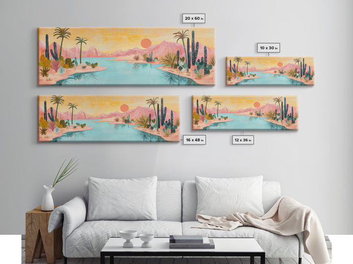 Desert Oasis Landscape Wall Art, Cactus and Palm Trees Painting, Boho Sunset Artwork, Southwest Home Decor, Warm Pink Art