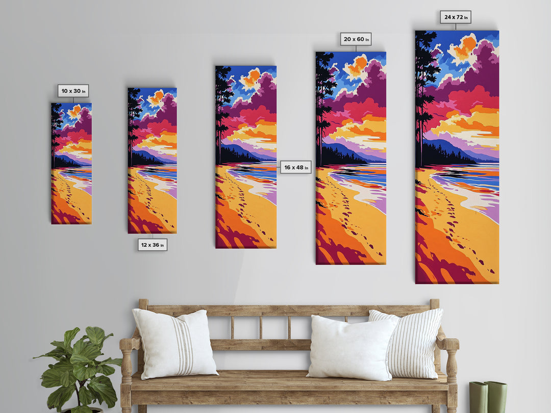 Ocean Shore, Sunset Beach, Serene Coastal Art, Footprints in Sand, Vibrant Seaside Print, Modern Beach House Decor, Framed Canvas Print
