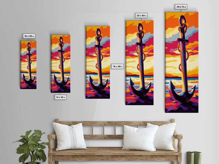 Nautical Anchor, Coastal Sunset, Bold Ocean Art, Vibrant Seaside Decor, Modern Beach House Art, Bedroom Wall Art, Canvas Print