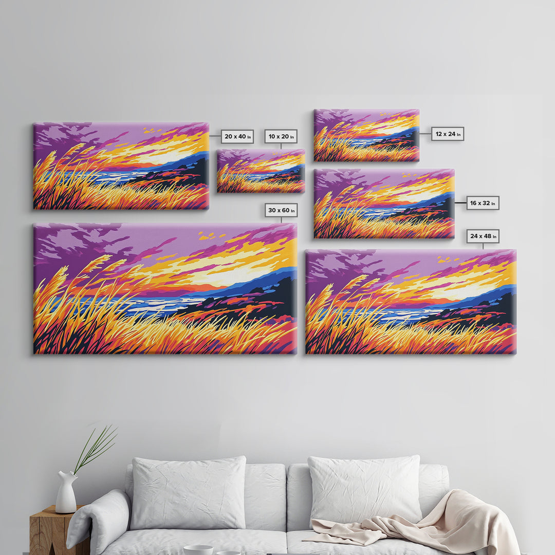 Ocean Sunset Grass, Framed Canvas Print, Coastal Wall Art, Vibrant Nature Painting, Boho Landscape, Beach House Decor, Living Room Art