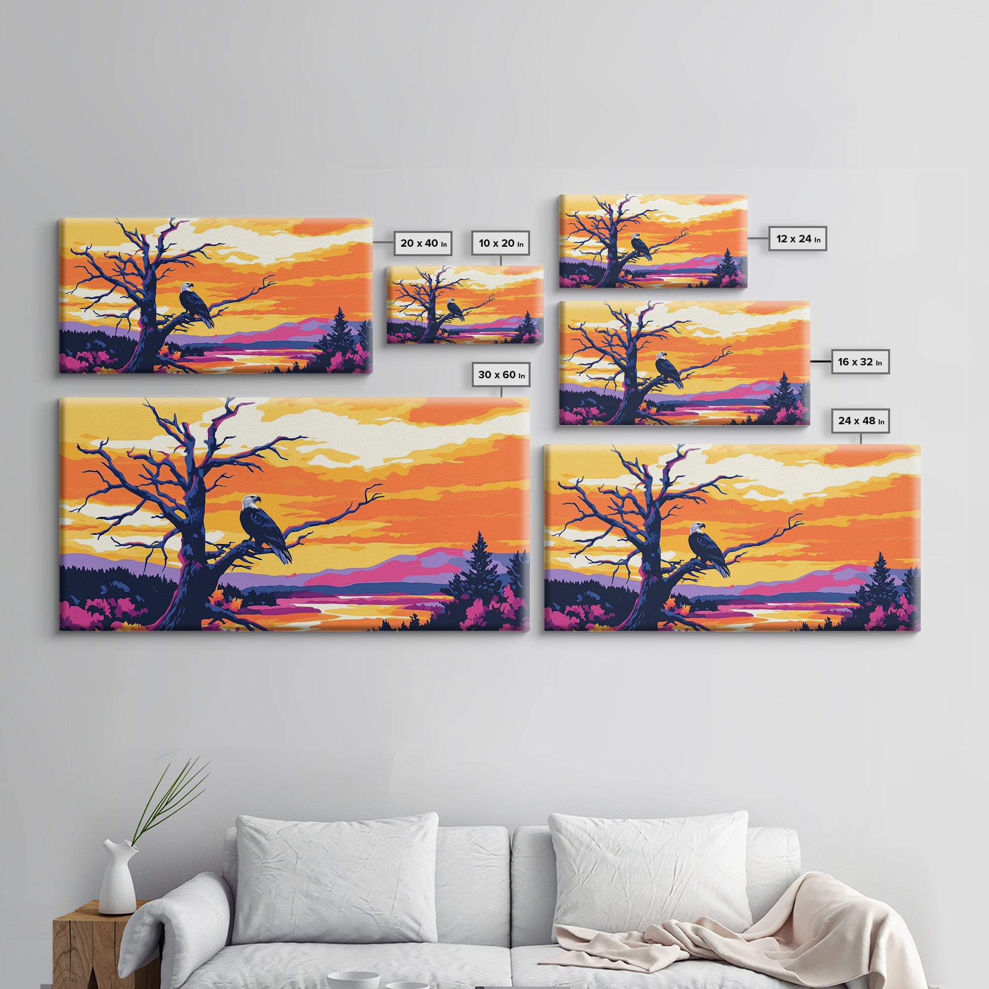 Bald Eagle Sunset, Canvas Print, Wildlife Wall Art, Vibrant Nature Painting, Rustic Decor, Patriotic Home Art, Office Wall Decor