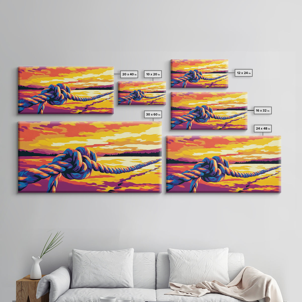 Nautical Rope, Sunset Over Water, Canvas Print, Coastal Wall Art, Beach House Decor, Ocean View, Vibrant Summer Scene, Boho Style