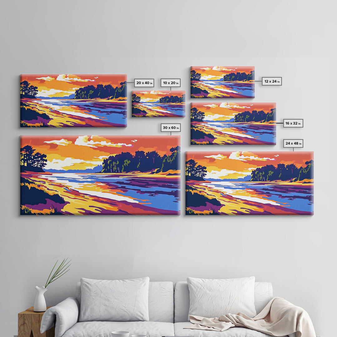 Ocean Shore, Sunset Glow, Coastal Serenity, Framed Canvas Print, Beach House Wall Art, Nautical Decor, Vibrant Seascape Painting