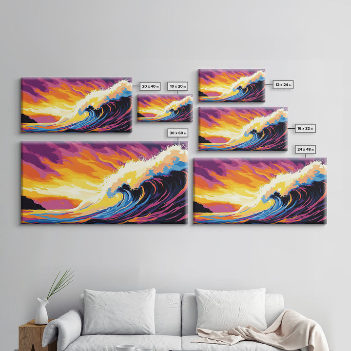Ocean Wave, Sunset Horizon, Coastal Painting, Seascape Art, Framed Canvas Print, Beach House Wall Decor, Surfer Aesthetic Home Art