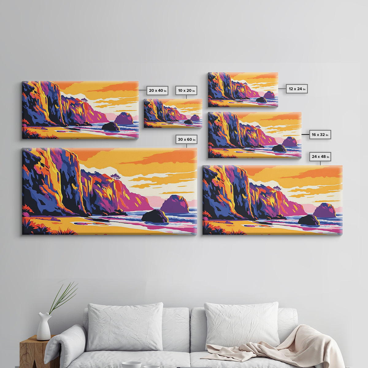 Ocean Cliffs, Coastal Sunset Art, Vibrant Seascape Painting, Beach Wall Decor, Framed Canvas Print, Nautical Home Design, Office Art