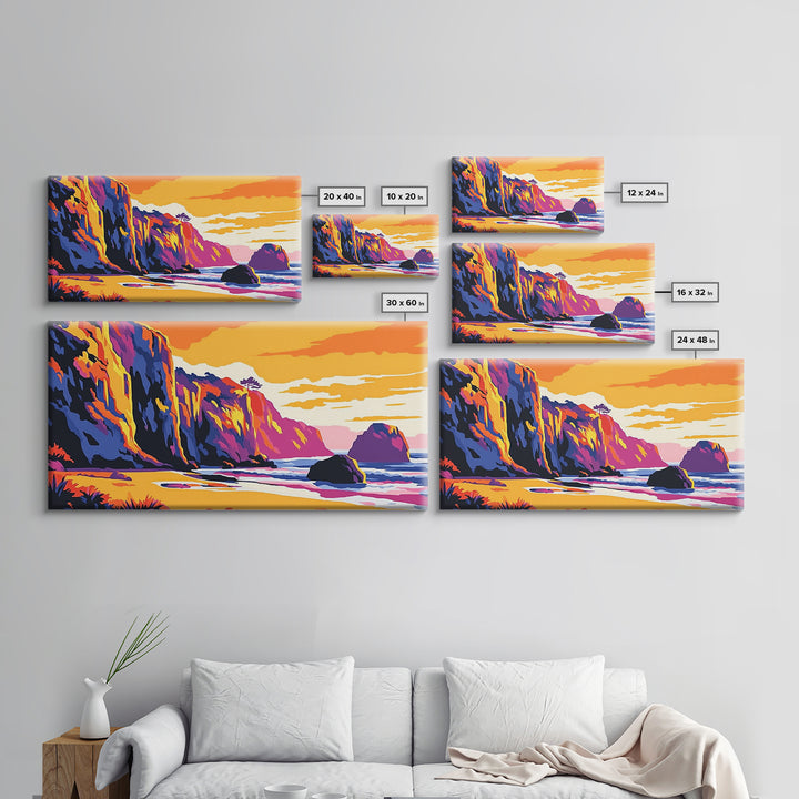 Ocean Cliffs, Coastal Sunset Art, Vibrant Seascape Painting, Beach Wall Decor, Framed Canvas Print, Nautical Home Design, Office Art