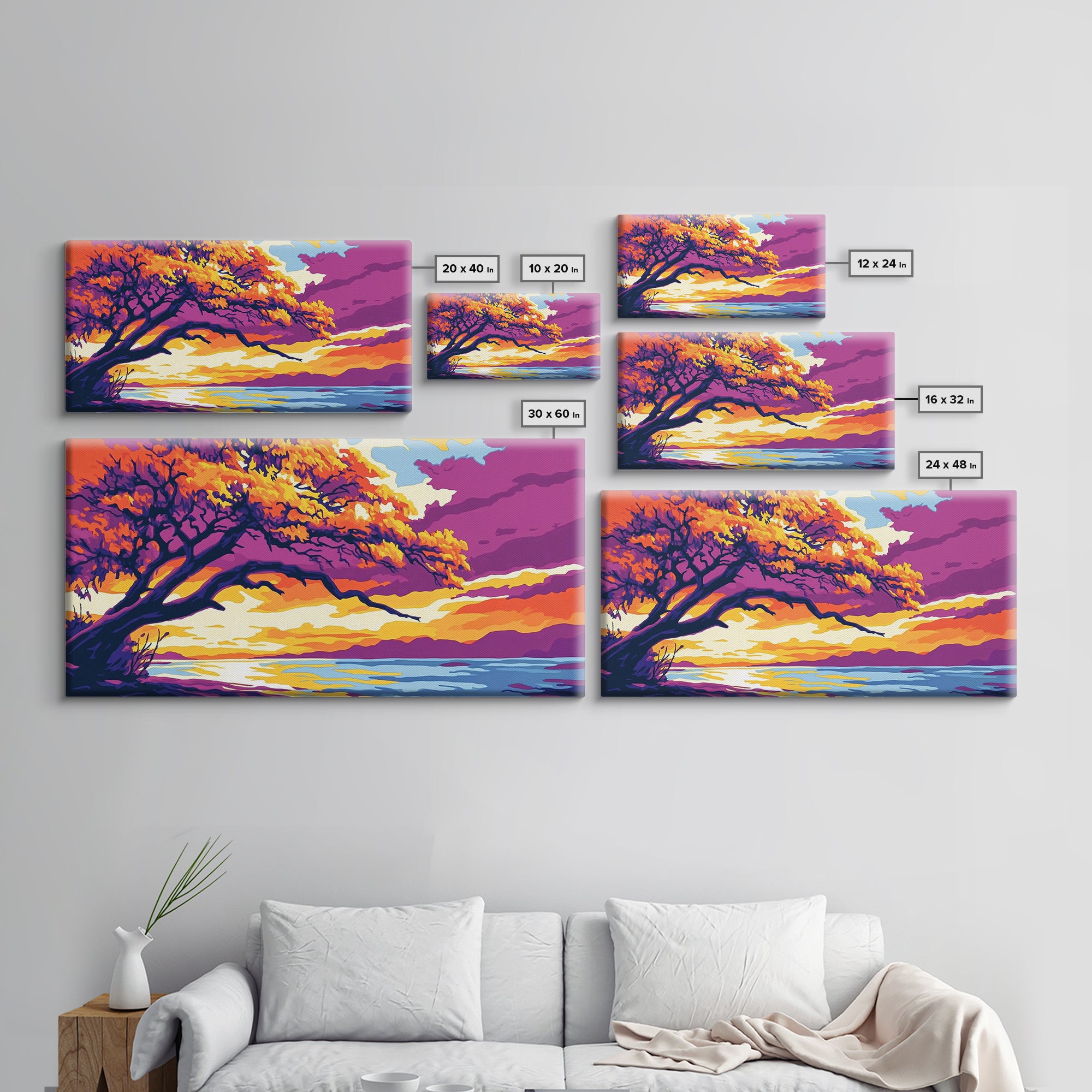 Majestic Tree, Lakeside Sunset, Vibrant Nature Art, Canvas Print, Modern Boho Decor, Living Room Wall Art, Autumn Landscape Painting