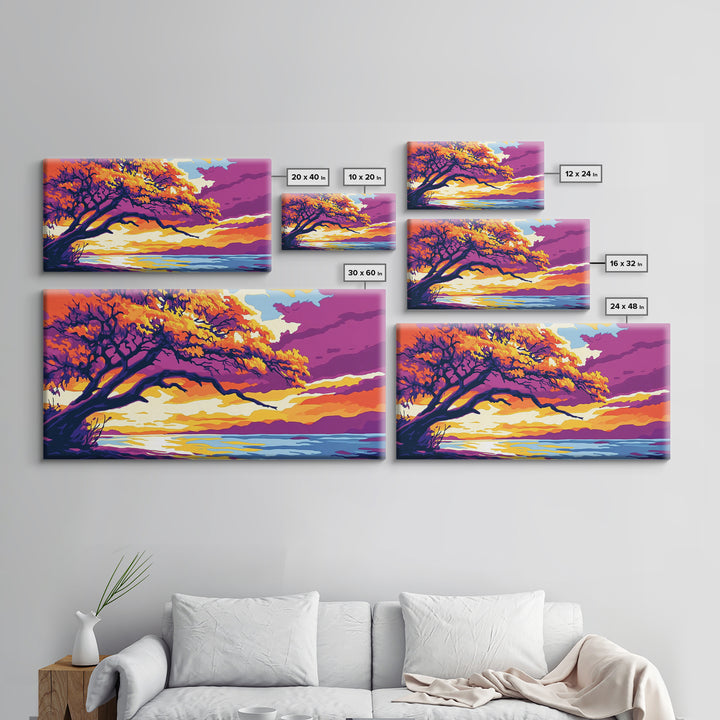 Majestic Tree, Lakeside Sunset, Vibrant Nature Art, Canvas Print, Modern Boho Decor, Living Room Wall Art, Autumn Landscape Painting