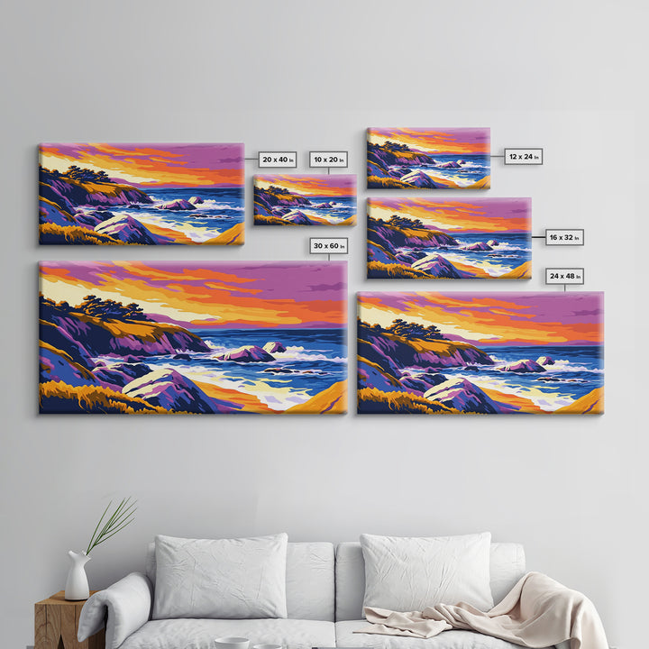Ocean Sunset, Rolling Waves, Coastal Painting, Colorful Seascape, Nautical Wall Art, Beach House, Bedroom, Framed Canvas Print