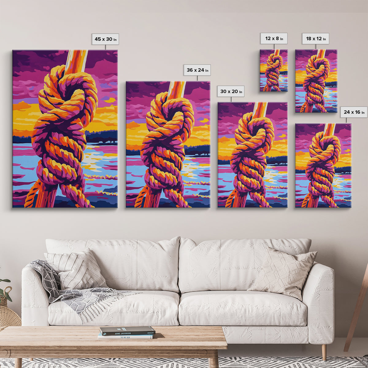 Nautical Knot, Coastal Wall Art, Sunset Over Water, Rustic Rope Art, Framed Canvas Print, Lake House Decor, Nautical Home Accent