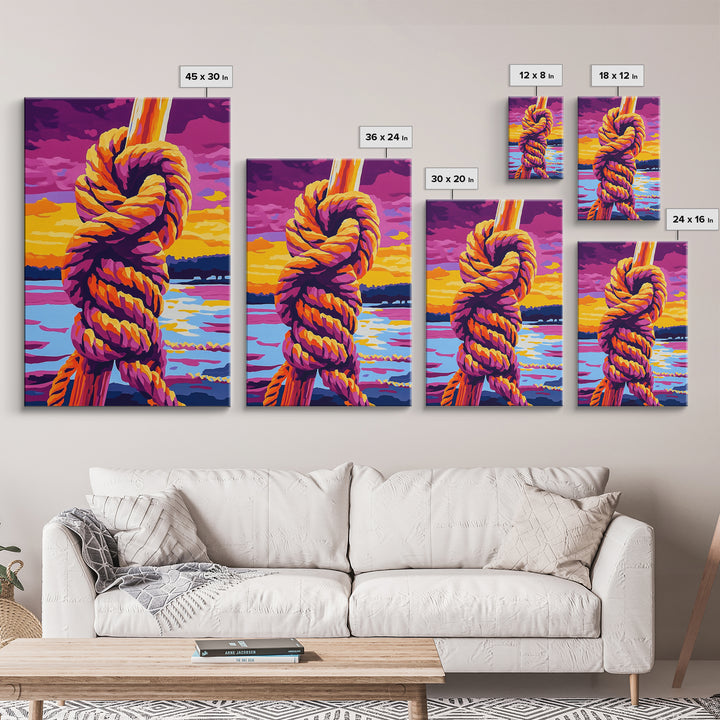 Nautical Knot, Coastal Wall Art, Sunset Over Water, Rustic Rope Art, Framed Canvas Print, Lake House Decor, Nautical Home Accent