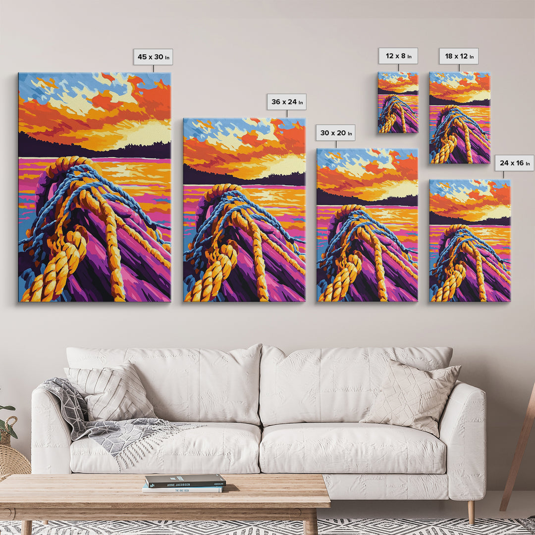 Nautical Rope, Sunset Water, Coastal Art, Canvas Print, Ocean Decor, Vibrant Wall Art, Beach House Decor, Bedroom Wall Art