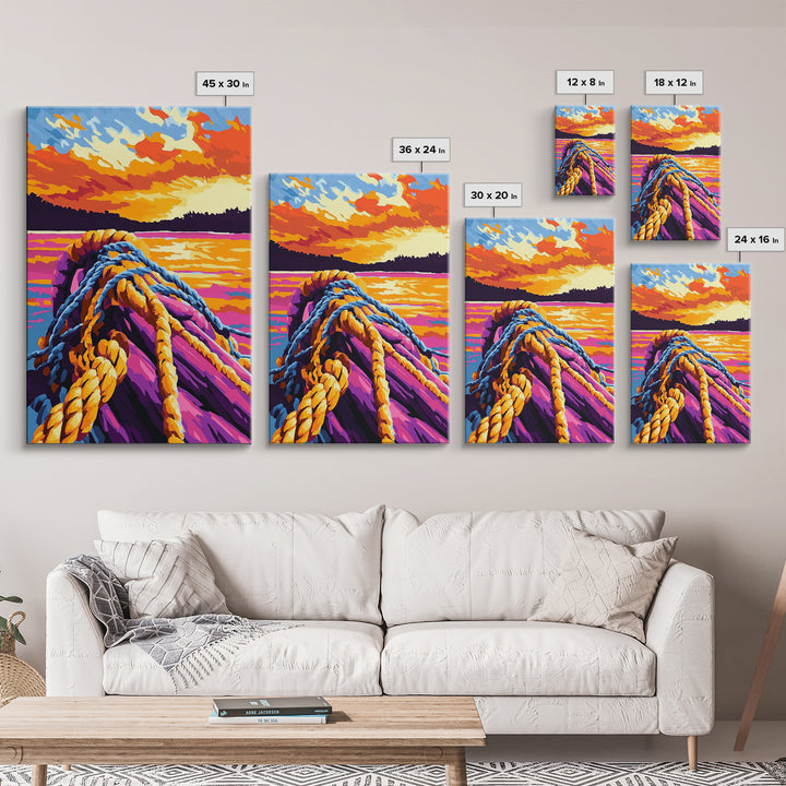 Nautical Rope, Sunset Water, Coastal Art, Canvas Print, Ocean Decor, Vibrant Wall Art, Beach House Decor, Bedroom Wall Art