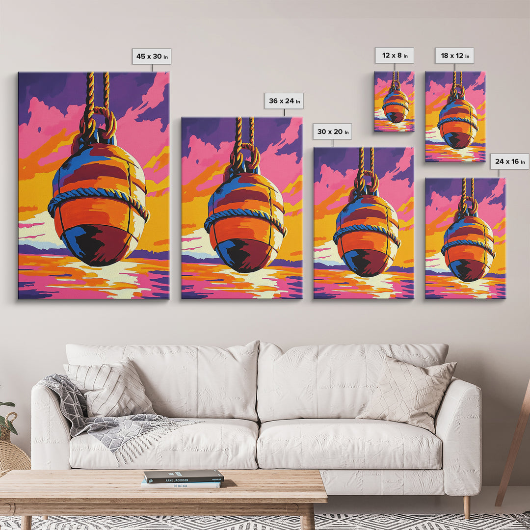 Nautical Buoy, Ocean Sunset, Coastal Art, Framed Canvas Print, Beach Wall Art, Vibrant Home Decor, Seaside Painting, Boat House Artwork