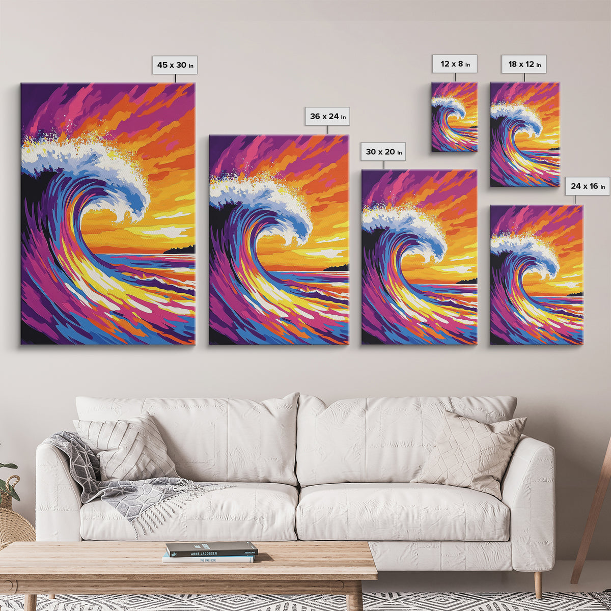 Ocean Wave, Splash, Power, Sunset, Framed Canvas Print, Coastal Decor, Surf Art, Beach House Wall Art, Nautical Theme, Vibrant Blue