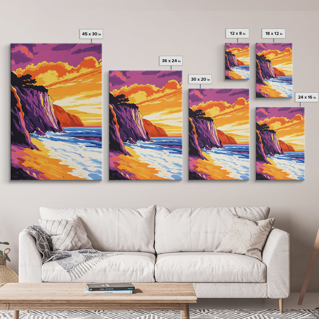 Ocean Wave, Sunset Splash, Surf Art, Framed Canvas Print, Coastal Wall Art, Nautical Home Decor, Tropical Landscape Painting