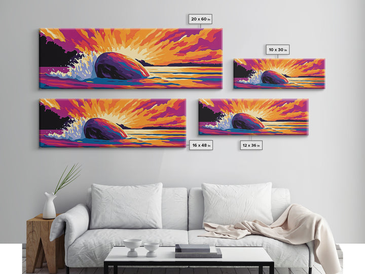Ocean Splash, Vibrant Sunset, Coastal Energy, Bold Colors, Framed Canvas Print, Nautical Wall Art, Living Room Art, Dynamic Seascape