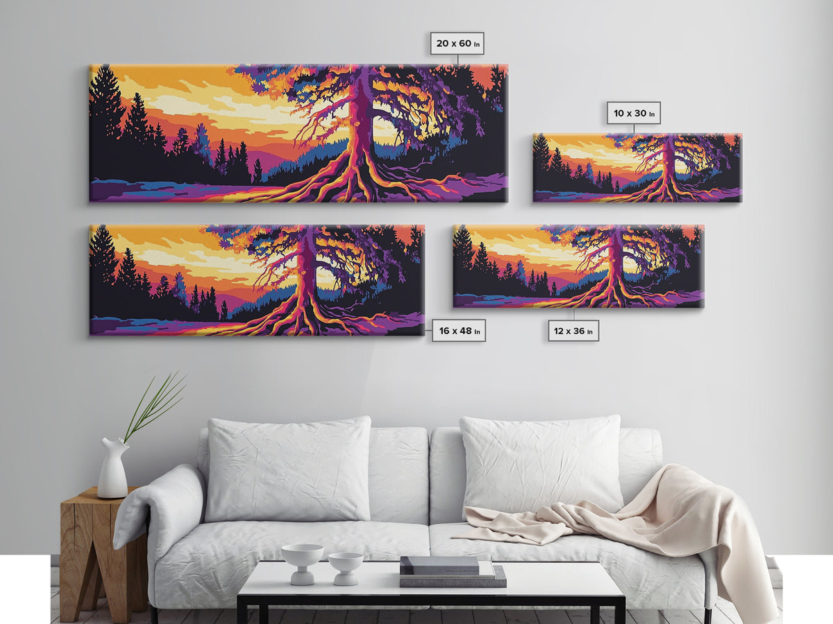 Vibrant Tree, Sunset Art, Framed Canvas Print, Nature Wall Decor, Psychedelic Art, Boho Landscape, Large Wall Art, Office Decor
