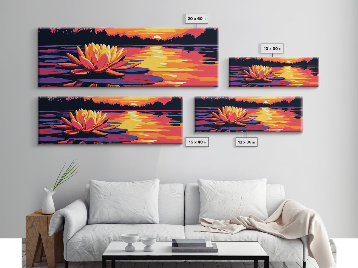 Water Lily, Tranquil Lake, Framed Canvas Print, Serene Nature Art, Zen Wall Decor, Sunset Reflection, Large Artwork, Bathroom Wall Art