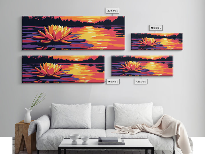 Water Lily, Tranquil Lake, Framed Canvas Print, Serene Nature Art, Zen Wall Decor, Sunset Reflection, Large Artwork, Bathroom Wall Art