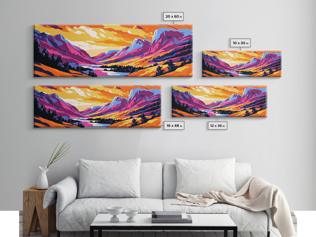 Sunset Valley, Majestic Peaks, Vibrant Nature, Framed Canvas Print, Outdoor Wall Art, Bohemian Landscape, Living Room Decor, Wanderlust