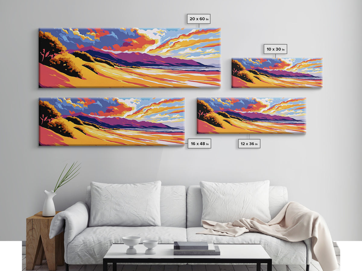 Golden Dunes, Mountain Backdrop, Vibrant Sunset, Framed Canvas Print, Boho Earthy Art, Modern Living Room Decor, Southwest Aesthetic