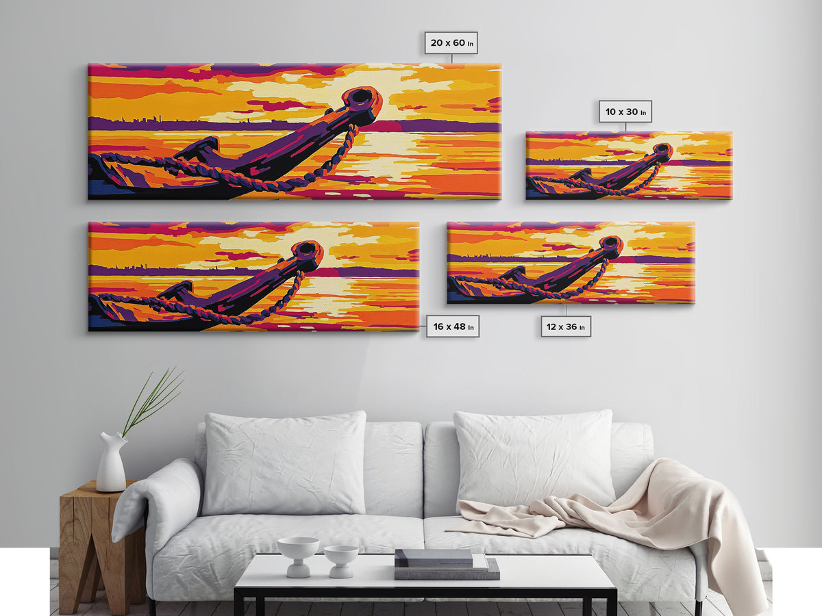 Nautical Anchor, Golden Sunset, Ocean View, Canvas Print, Coastal Home Decor, Vibrant Seascape, Beach Wall Art, Bold Nautical Art