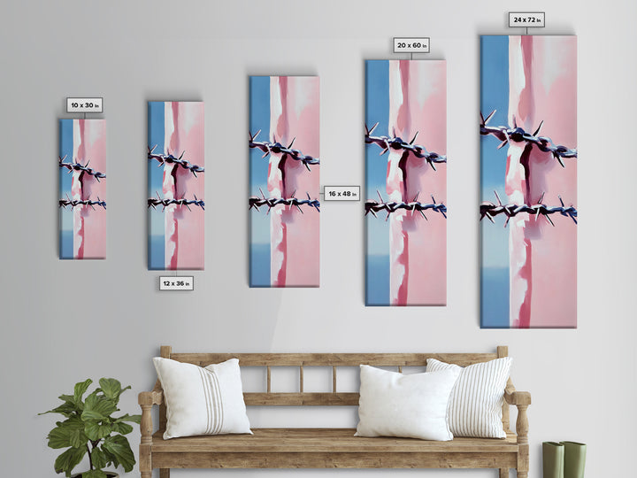 Barbed Wire Closeup, Modern Western, Pink and Blue Art, Framed Canvas Print, Minimalist Wall Art, Rustic Decor, Entryway Wall Art