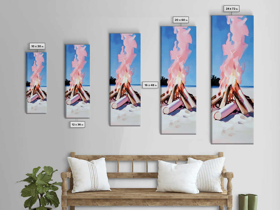 Bonfire Glow, Beach Campfire, Pink Flame Art, Framed Canvas Print, Coastal Decor, Warm Aesthetic, Living Room or Bedroom Wall Art