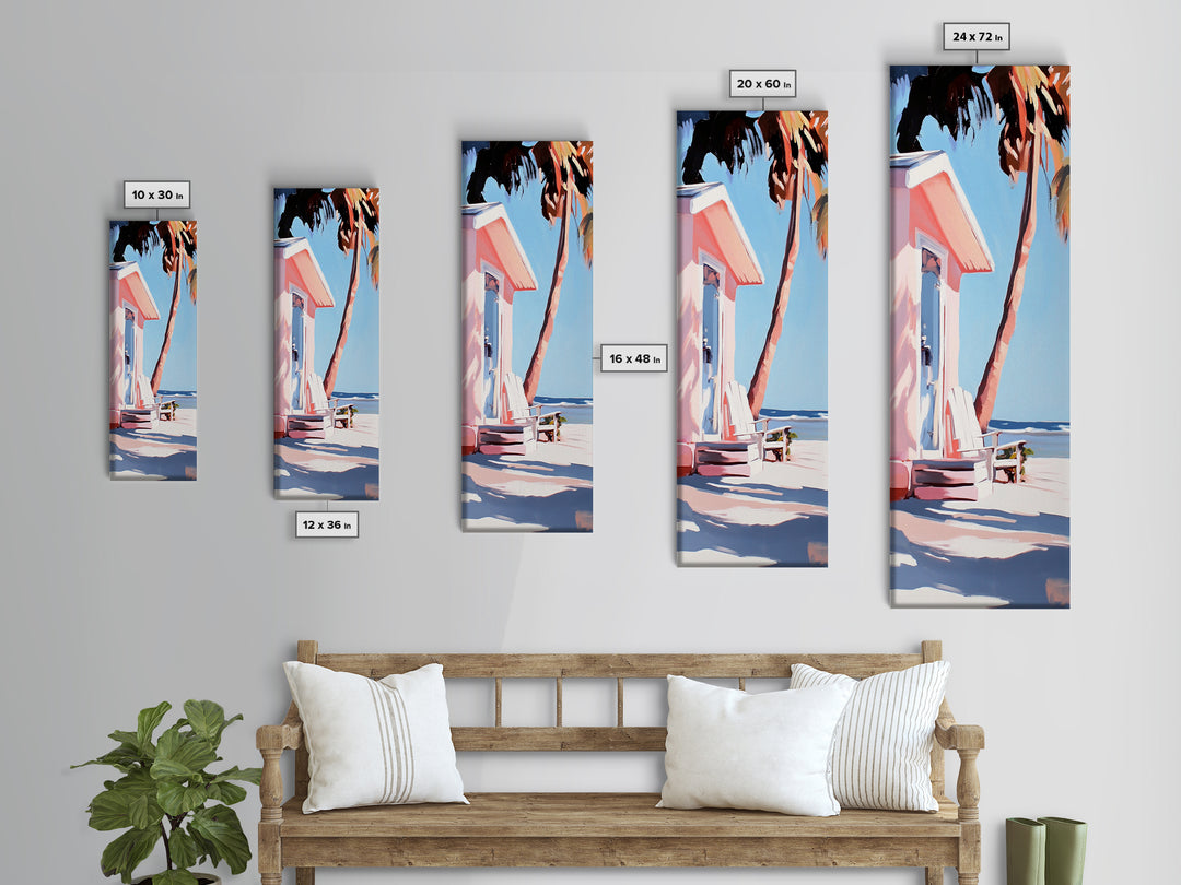 Pink Beach House, Coastal Retreat, Palm Tree Art, Framed Canvas Print, Tropical Decor, Modern Minimalist, Vacation Vibes, Wall Art