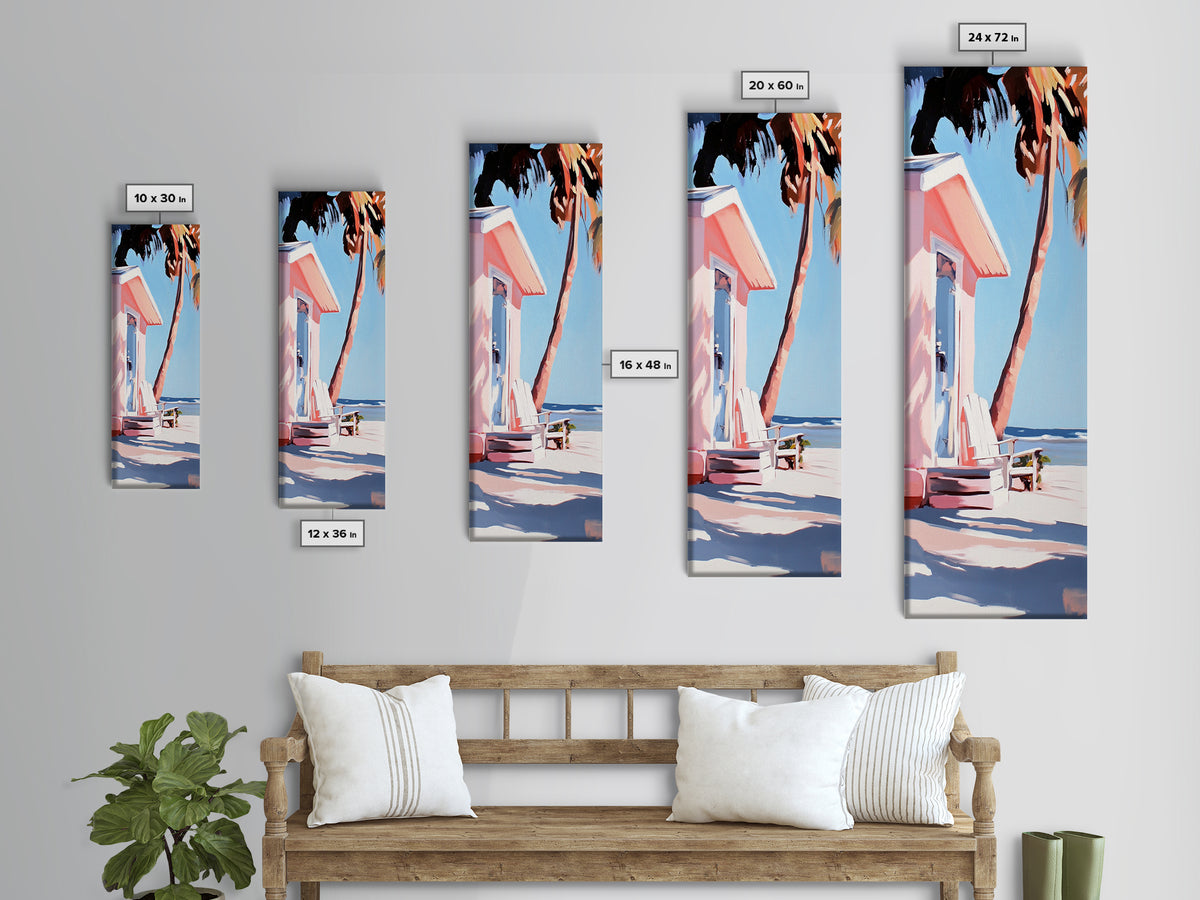 Pink Beach House, Coastal Retreat, Palm Tree Art, Framed Canvas Print, Tropical Decor, Modern Minimalist, Vacation Vibes, Wall Art
