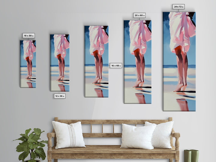 Barefoot Beach Walk, Pink Dress, Coastal Elegance, Framed Canvas Print, Summer Art, Bedroom or Entryway Decor, Relaxing Aesthetic