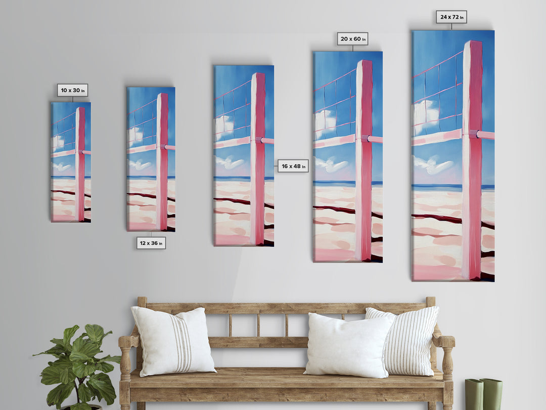 Beach Volleyball Net, Summer Fun, Pink Aesthetic, Framed Canvas Print, Modern Minimalist, Coastal Sports, Vacation Home Wall Art