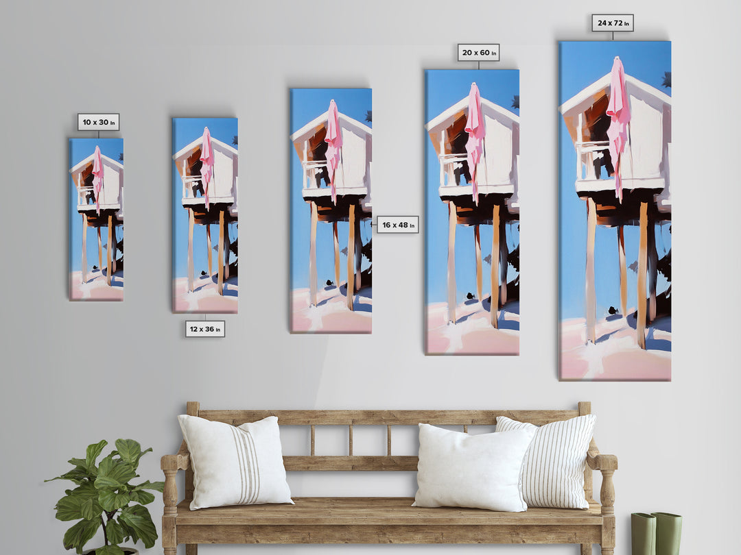 Beach Hut, Coastal Home, Seaside Escape, Nautical Decor, Ocean View, Warm Pastels, Beach House Art, Framed Canvas Print