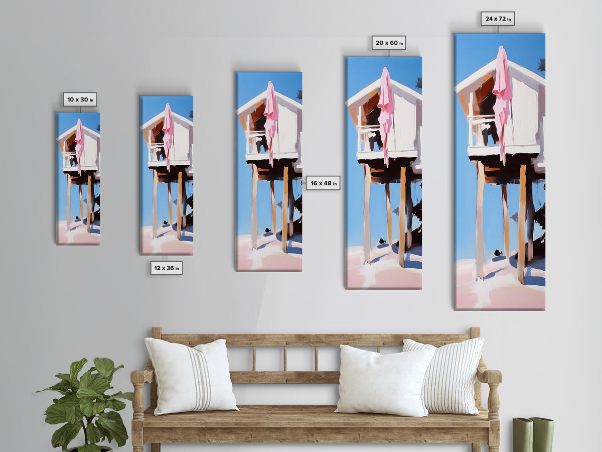 Beach Hut, Coastal Home, Seaside Escape, Nautical Decor, Ocean View, Warm Pastels, Beach House Art, Framed Canvas Print